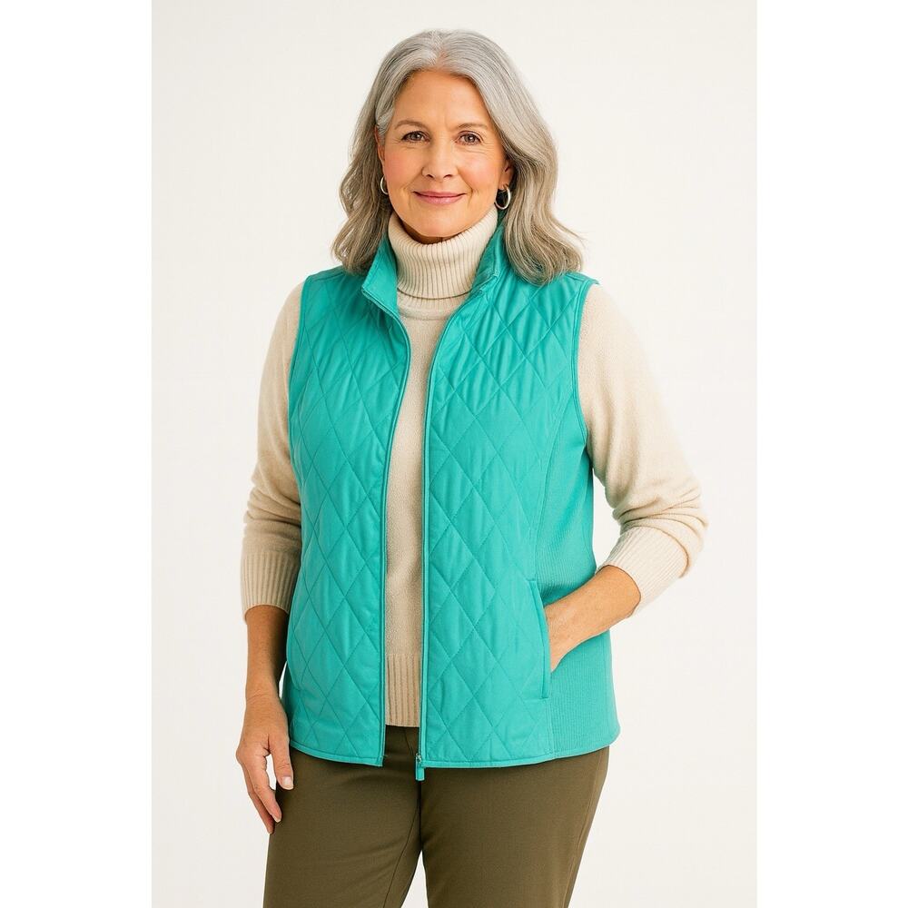 Talbots Womens Quilted Vest Medium Petite Teal Zip Up Pockets Lightweight Cabin